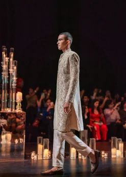 Beige Gold Hand Embroidered Sherwani Set