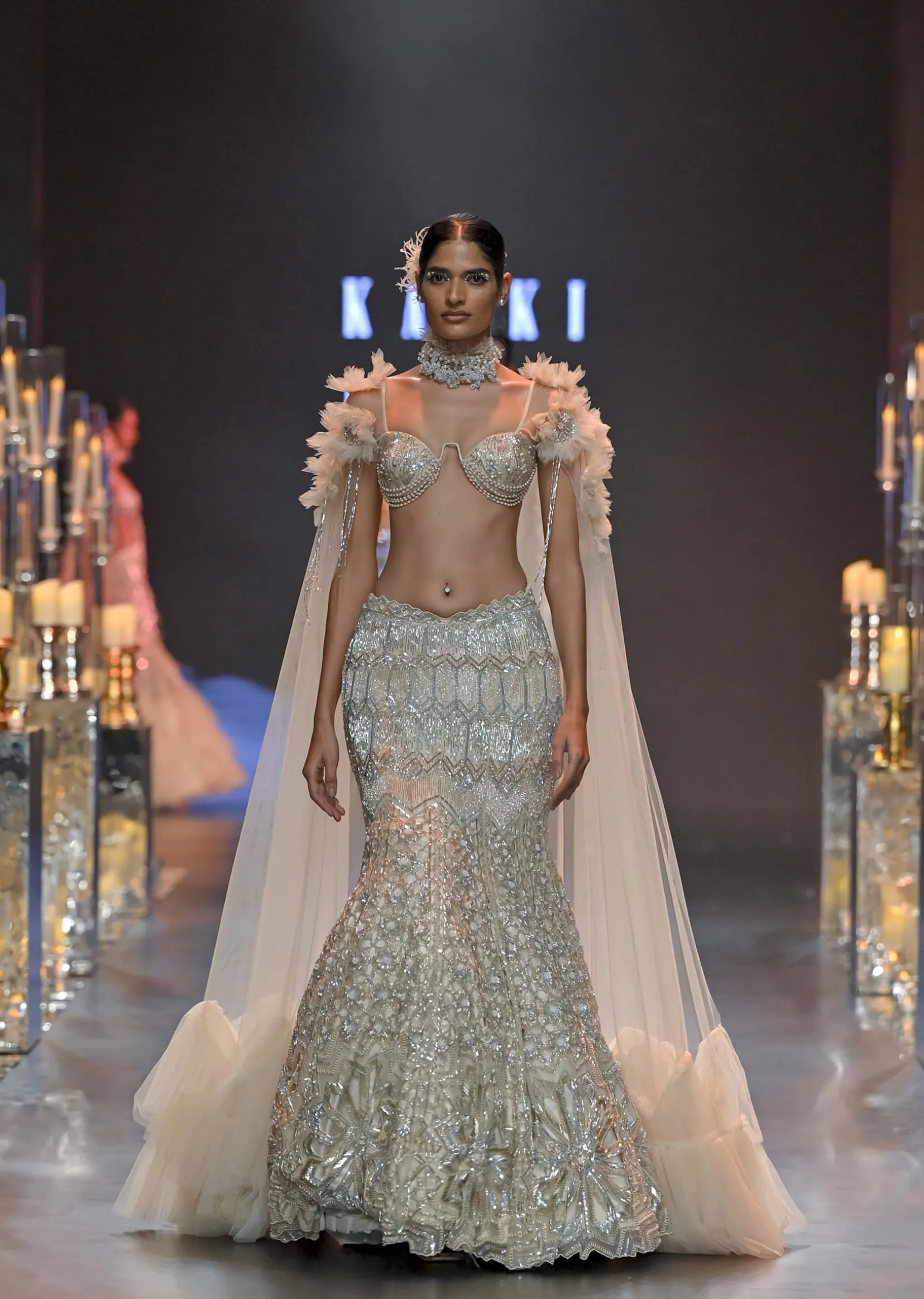 Beige Gold Ruffle Jacket And Lehenga Set In Art Silk