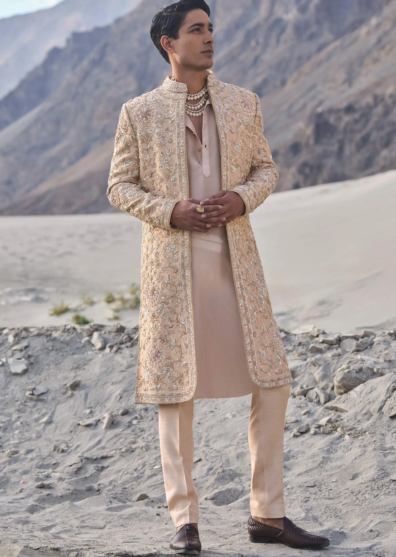 Beige Gold Zardosi Sherwani Set With Stole Dupatta