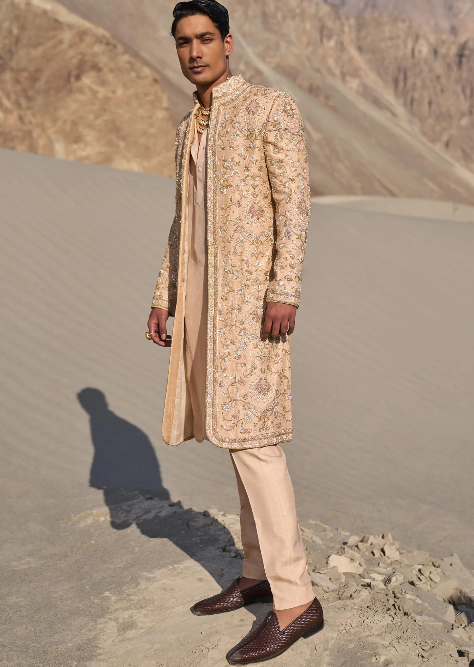 Beige Gold Zardosi Sherwani Set With Stole Dupatta