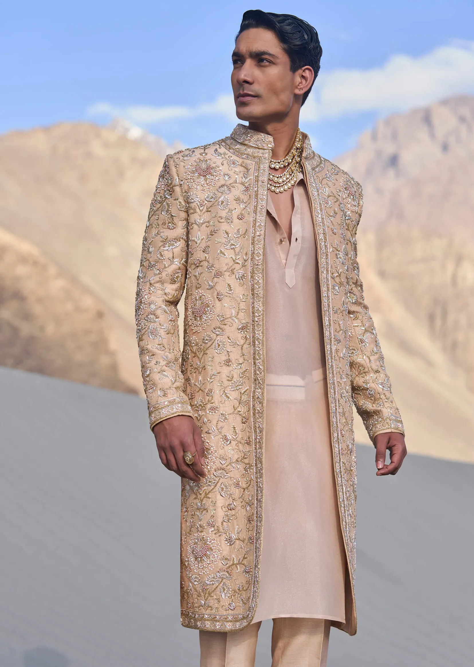 Beige Gold Zardosi Sherwani Set With Stole Dupatta