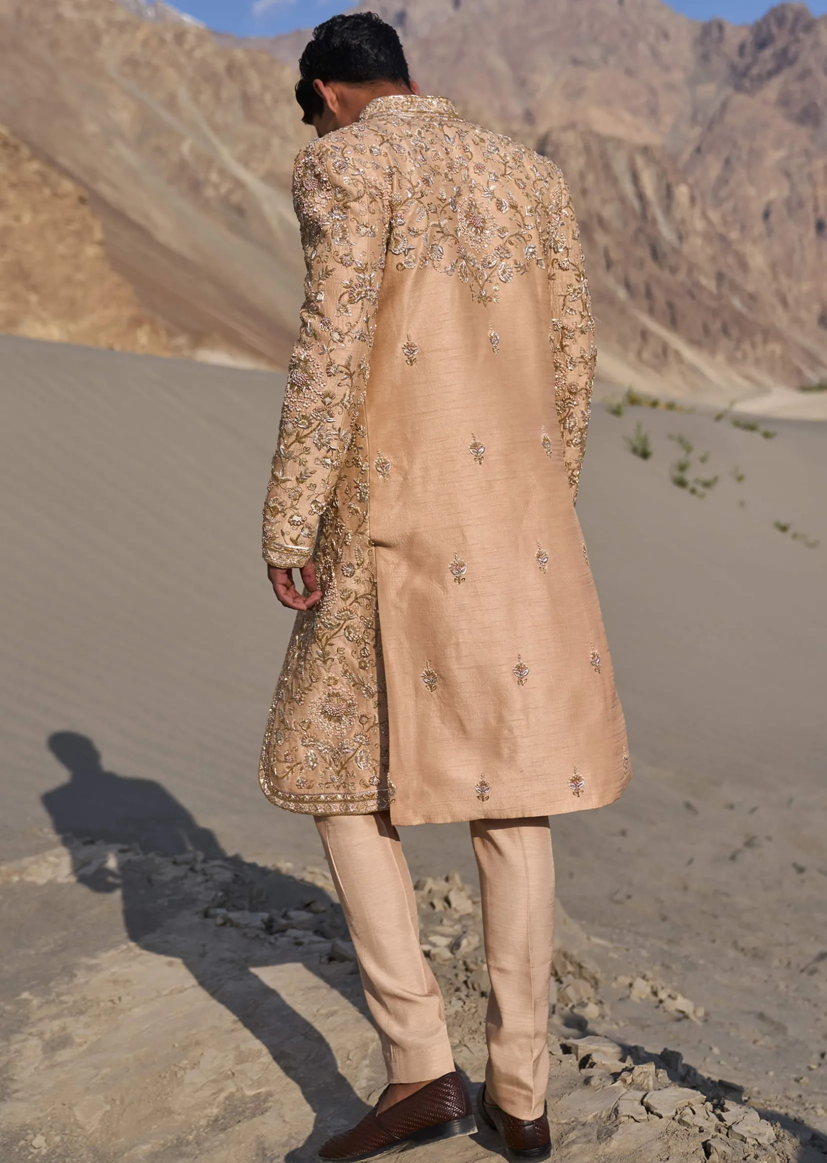 Beige Gold Zardosi Sherwani Set With Stole Dupatta