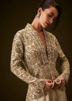 Beige Gold Zardozi Embroidered Peplum Jacket With Palazzo
