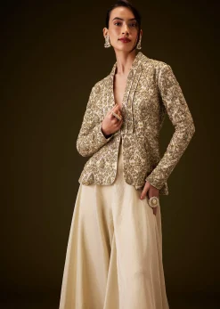 Beige Gold Zardozi Embroidered Peplum Jacket With Palazzo