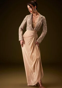 Beige Gold Zardozi Embroidered Jacket With Draped Skirt And Bustier