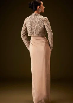 Beige Gold Zardozi Embroidered Jacket With Draped Skirt And Bustier