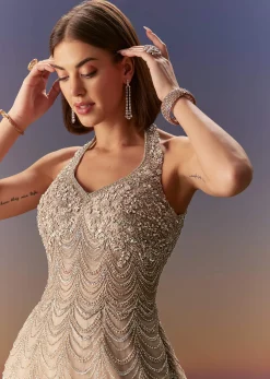 Beige Gown With All Over Sequin Bead And Cut Dana Embroidery