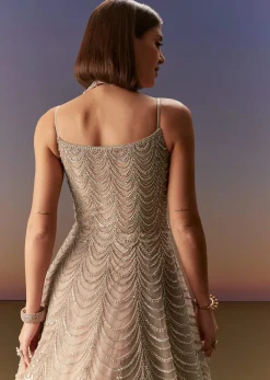Beige Gown With All Over Sequin Bead And Cut Dana Embroidery