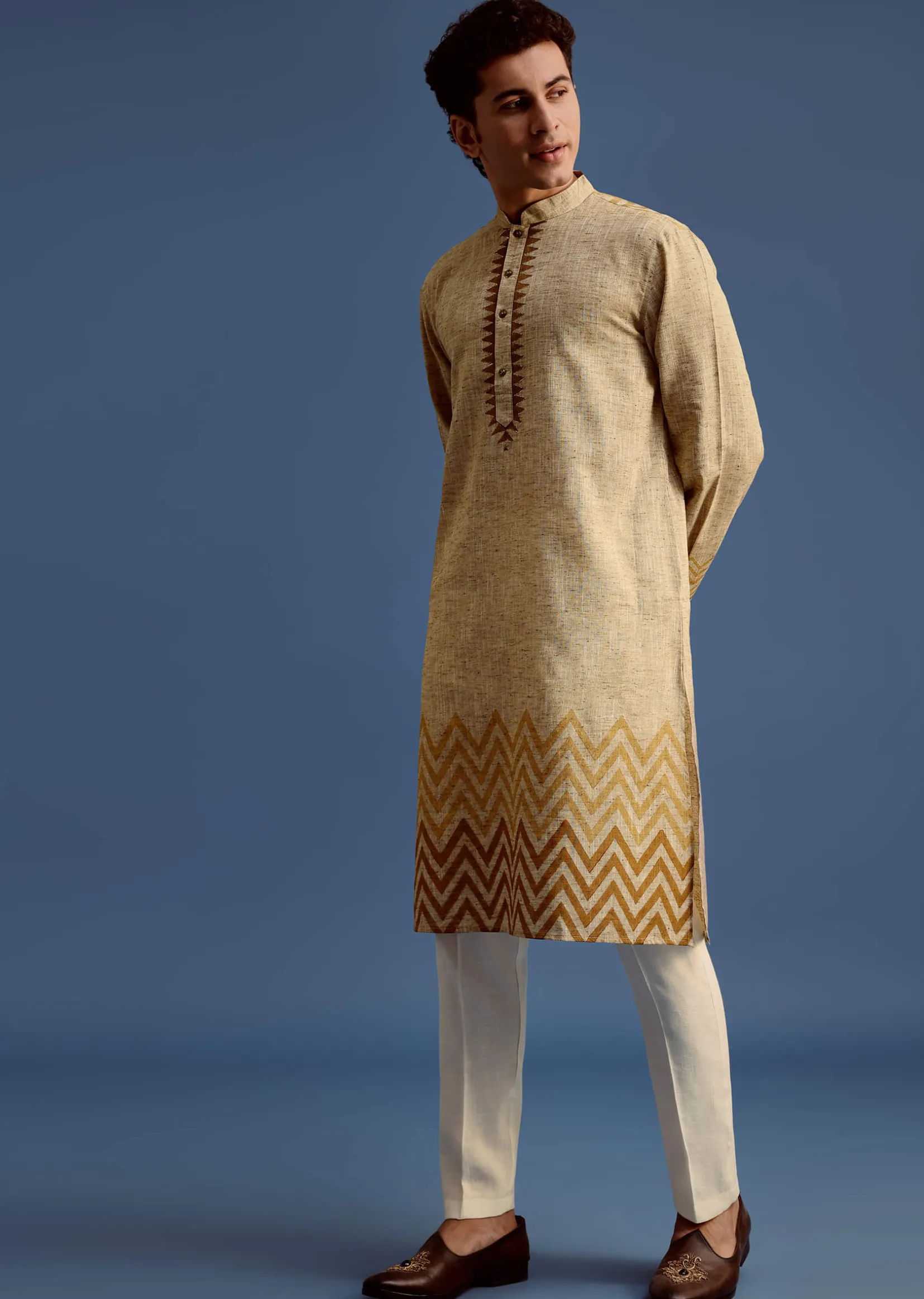 Beige Hand Block Printed Kurta Set With Zari Work