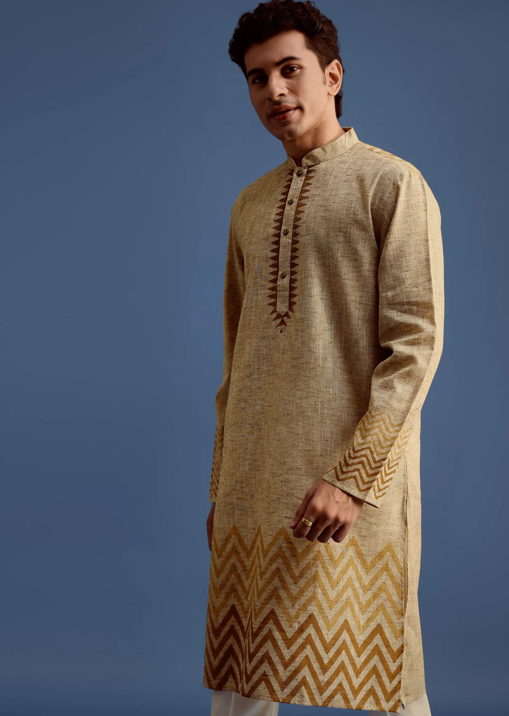 Beige Hand Block Printed Kurta Set With Zari Work
