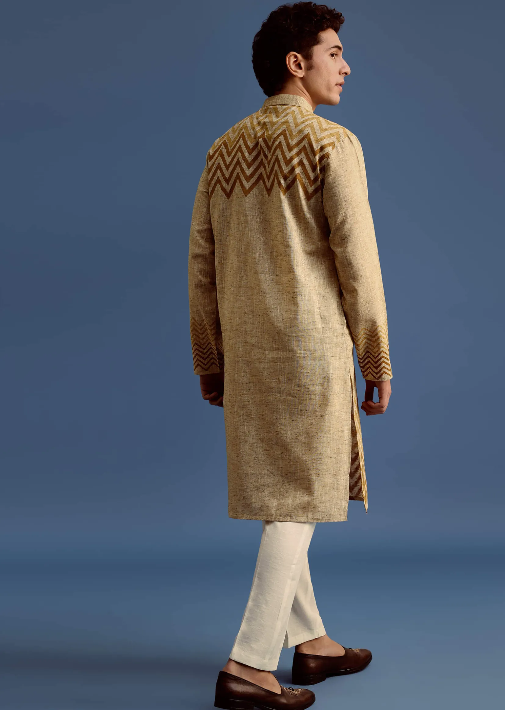 Beige Hand Block Printed Kurta Set With Zari Work