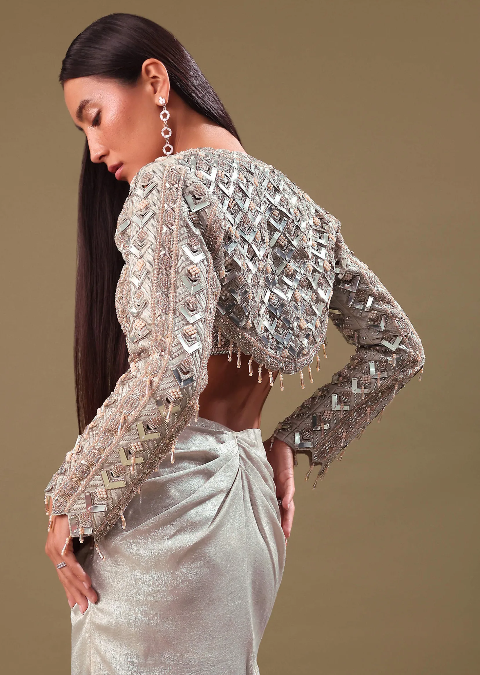 Beige Hand Embroidered Blouse And Drape Skirt With Cape