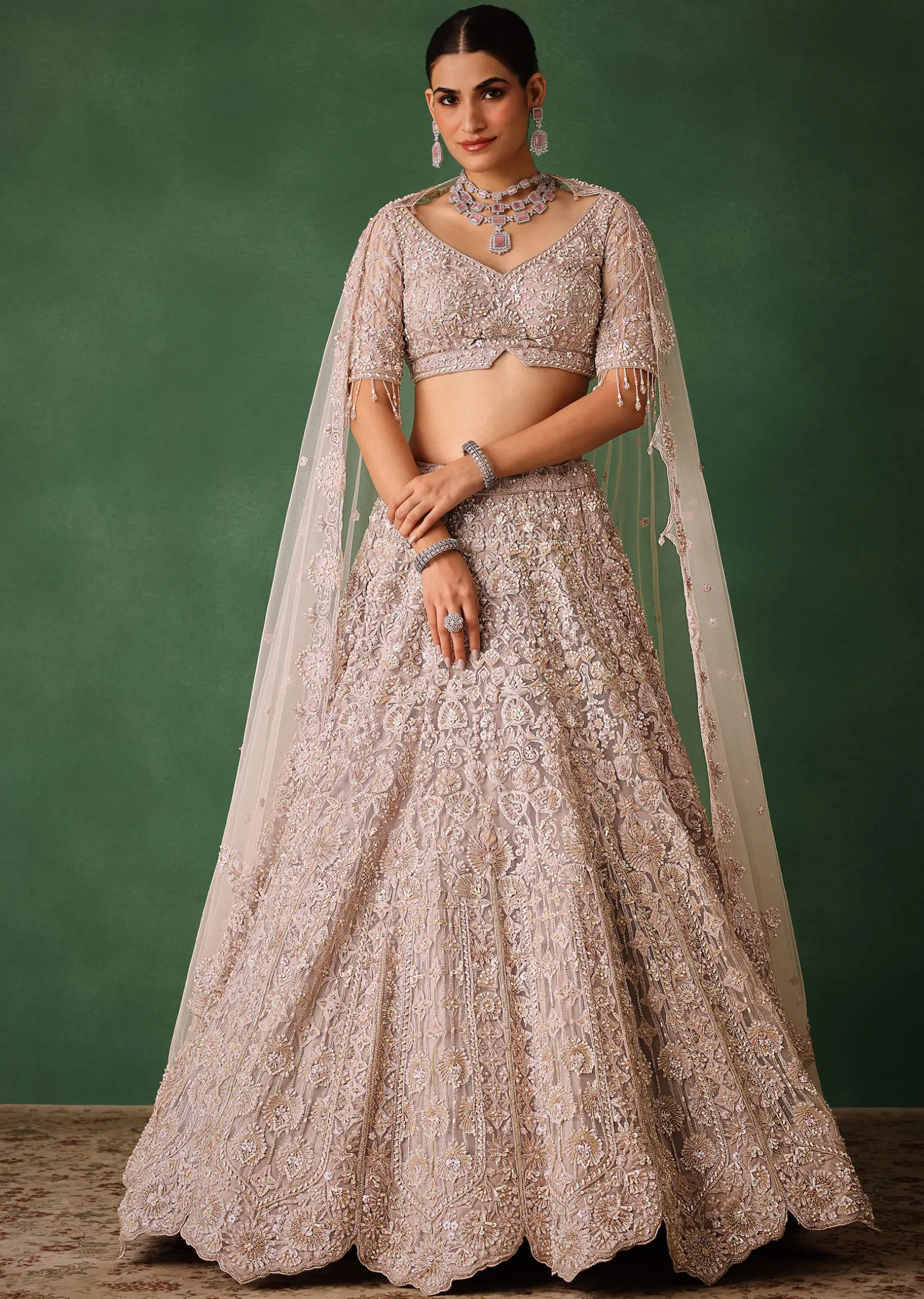 Beige Hand Embroidered Floral Lehenga With Blouse And Dupatta
