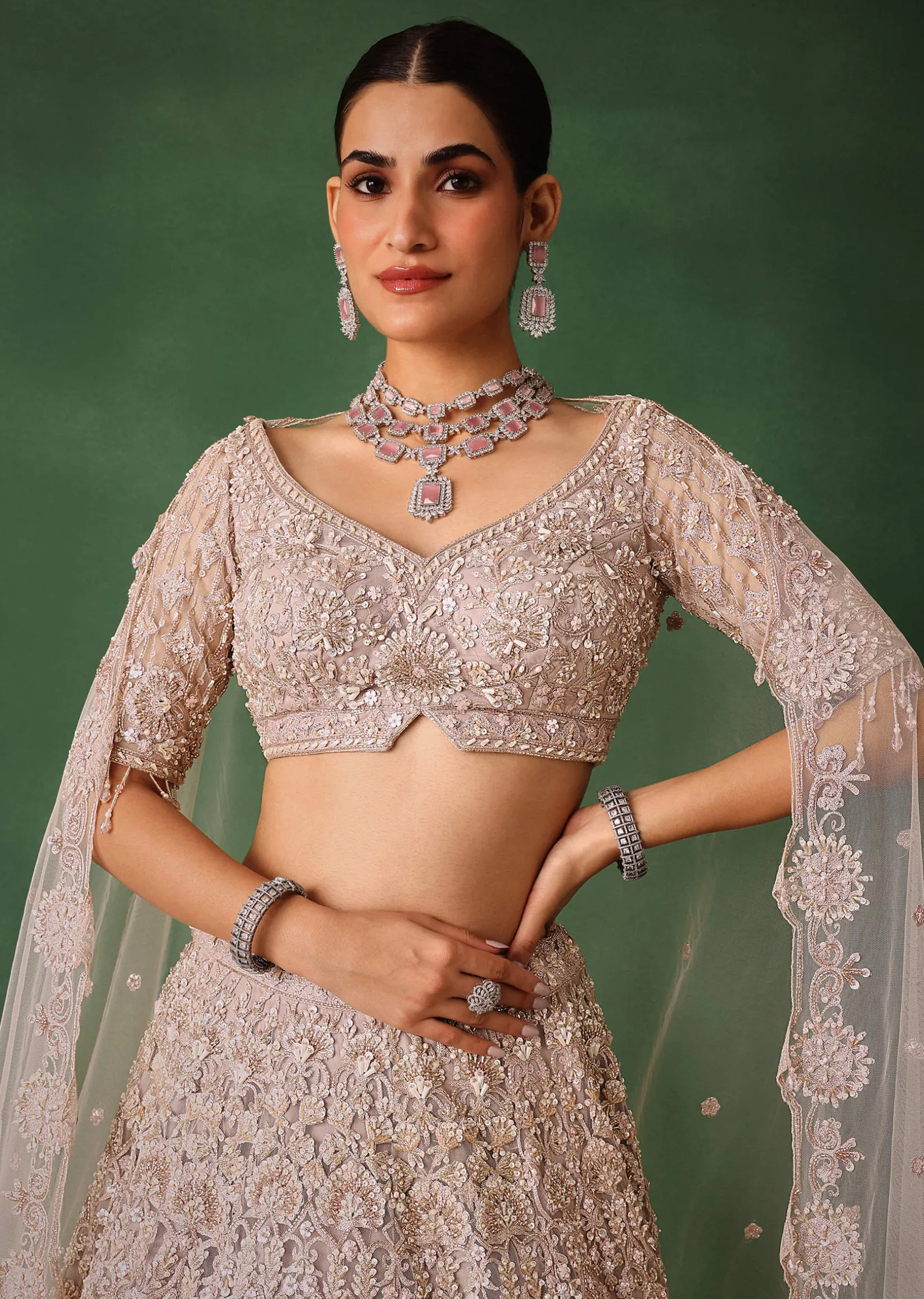 Beige Hand Embroidered Floral Lehenga With Blouse And Dupatta