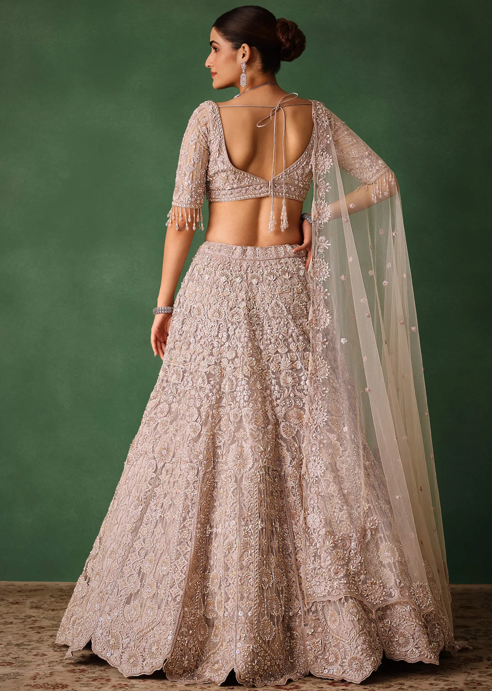 Beige Hand Embroidered Floral Lehenga With Blouse And Dupatta