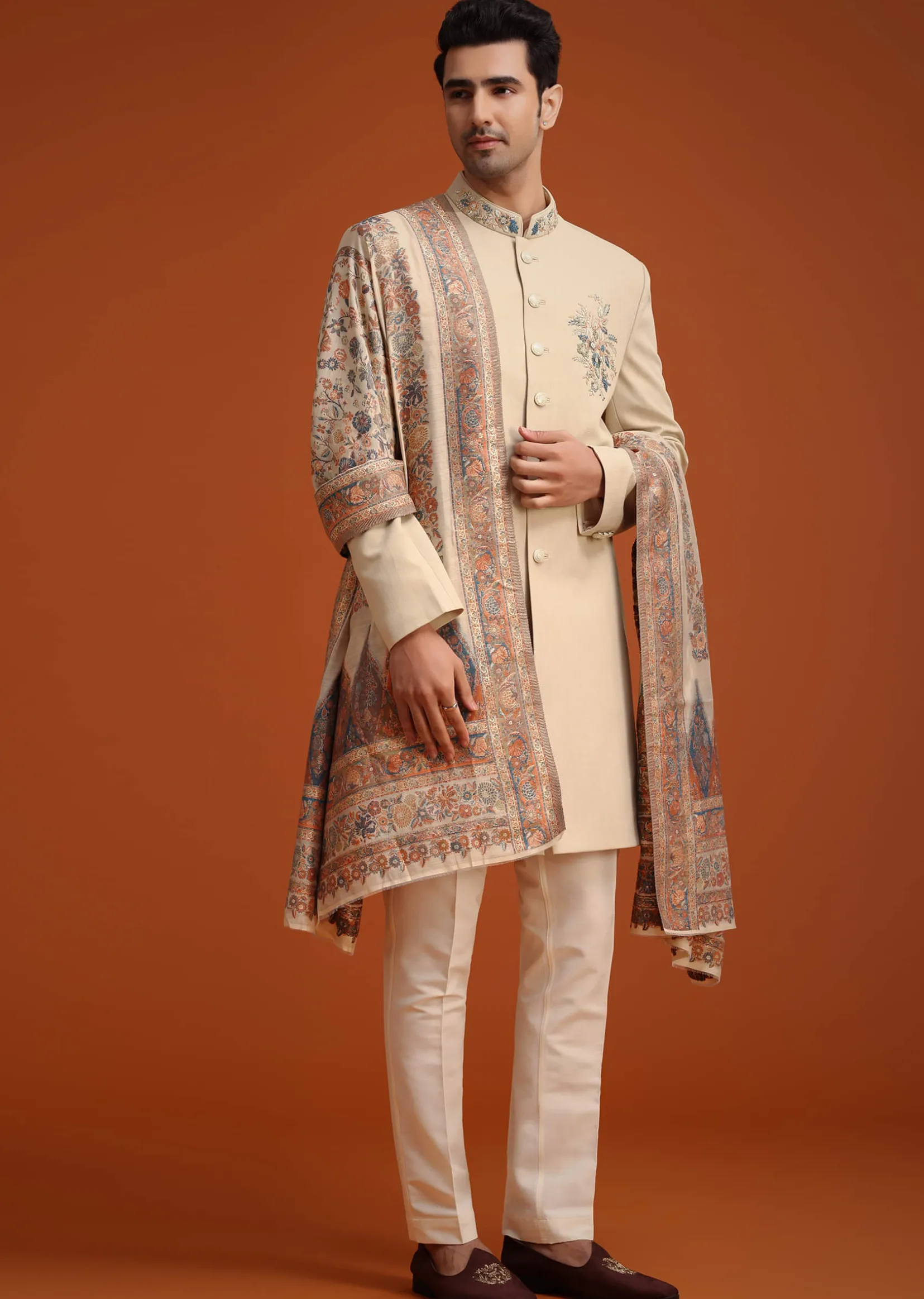 Beige Hand Embroidered Indo Western Set With Dupatta