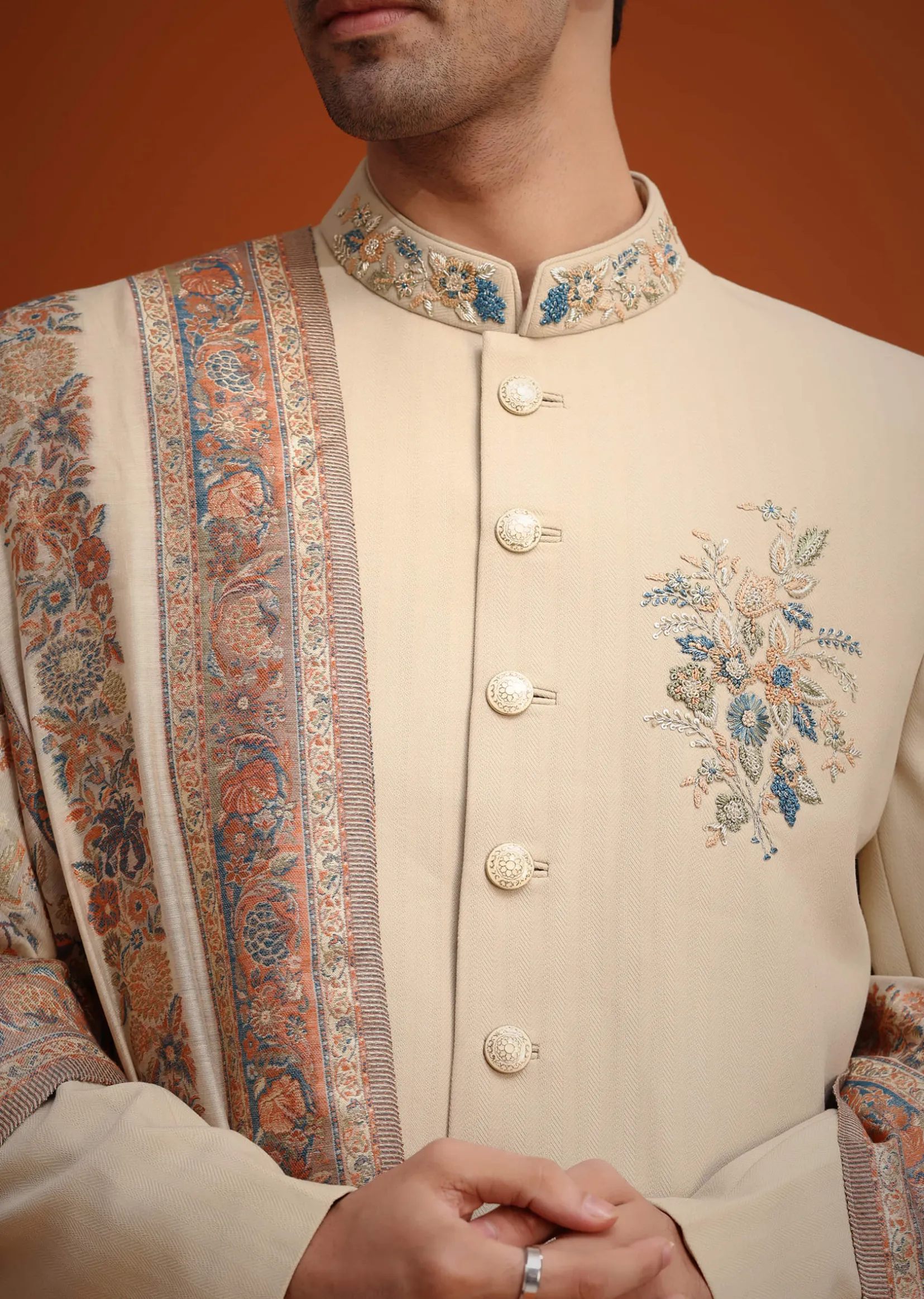 Beige Hand Embroidered Indo Western Set With Dupatta