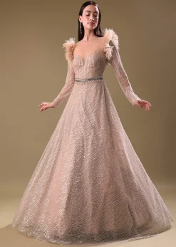 Beige Hand Embroidered Sequins Gown