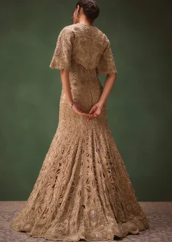 Beige Heavy Embroidered Gown With Jacket