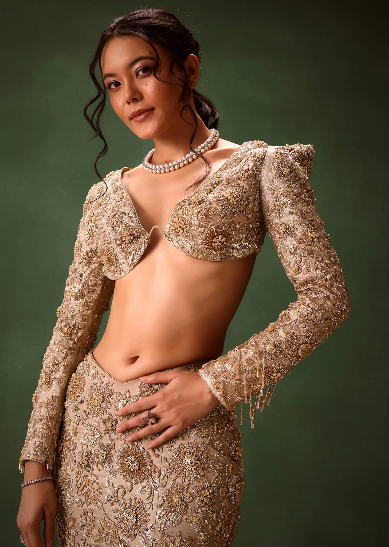 Beige Heavy Embroidered Skirt Suit With Full Sleeves V Neck Blouse