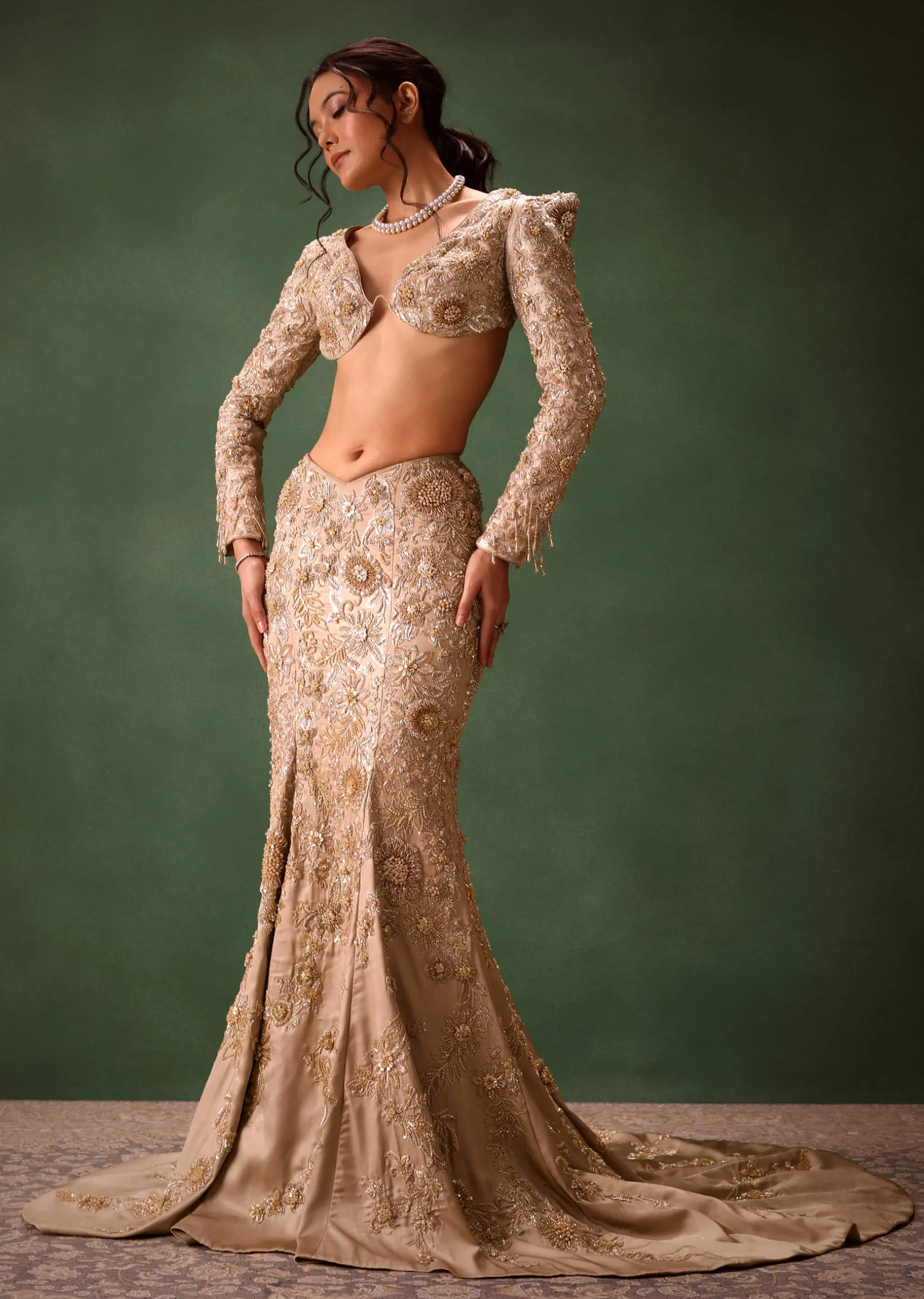 Beige Heavy Embroidered Skirt Suit With Full Sleeves V Neck Blouse