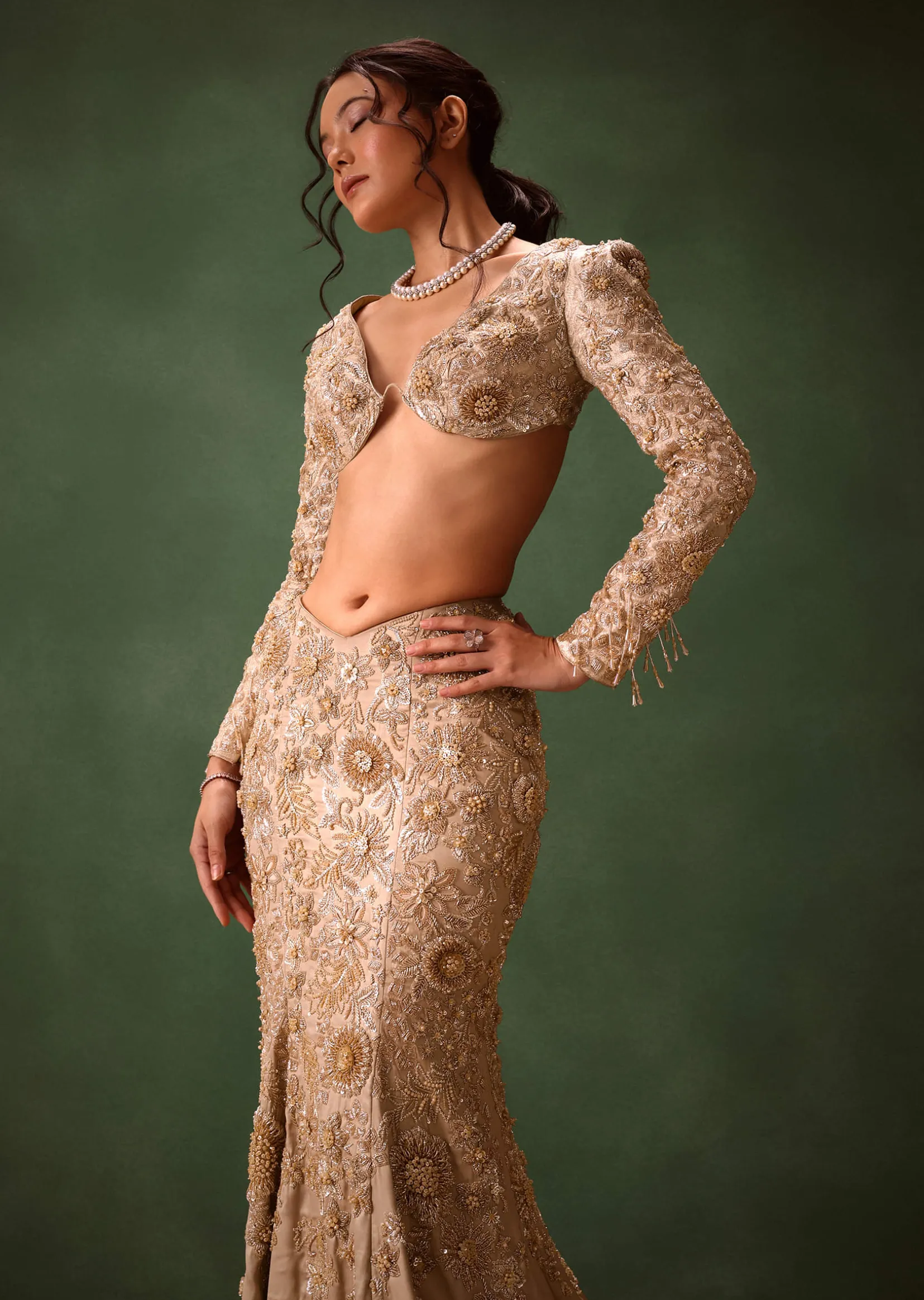 Beige Heavy Embroidered Skirt Suit With Full Sleeves V Neck Blouse