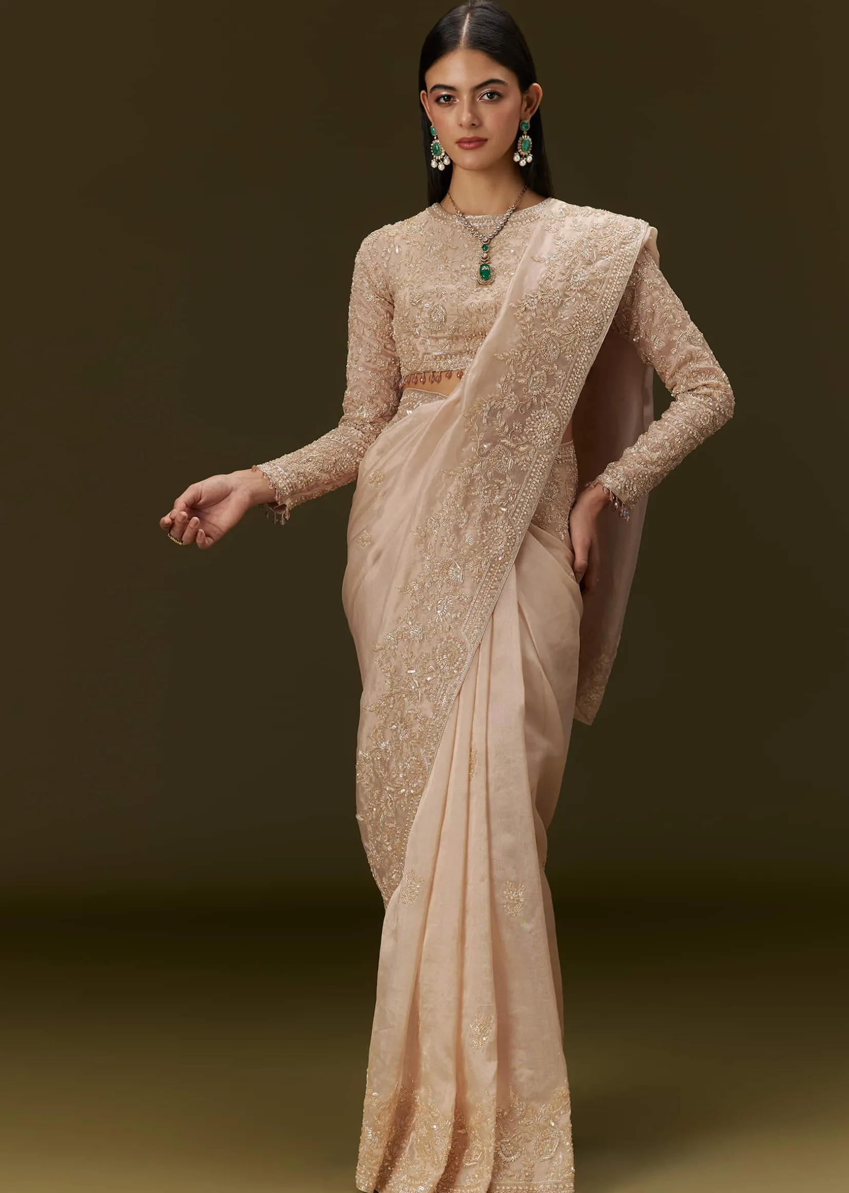 Beige Ivory Tissue Saree With Velvet Embroidered Blouse