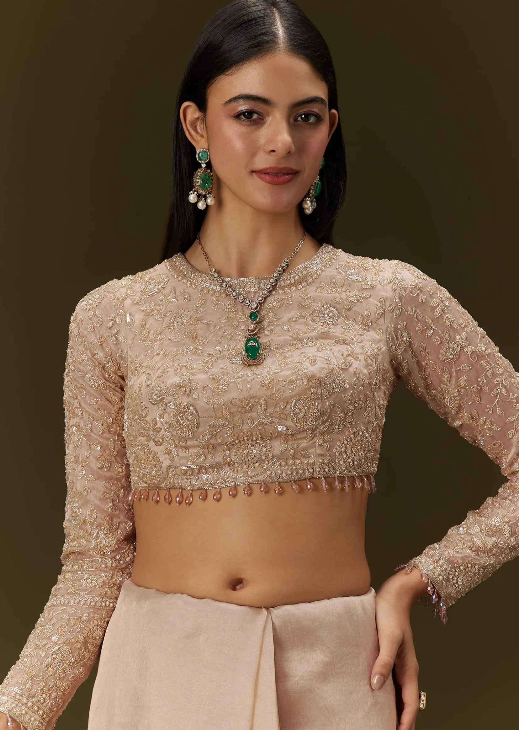 Beige Ivory Tissue Saree With Velvet Embroidered Blouse