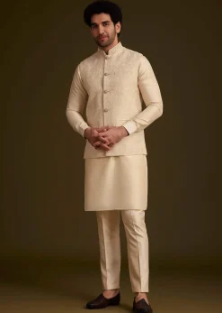 Beige Jacquard Nehru Jacket Set