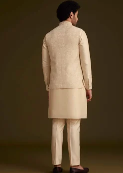 Beige Jacquard Nehru Jacket Set