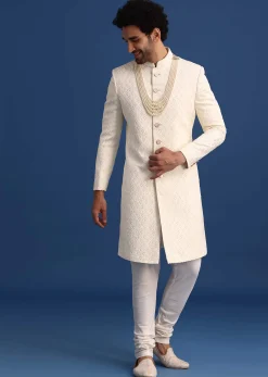 Beige Jacquard Sherwani And Kurta Set