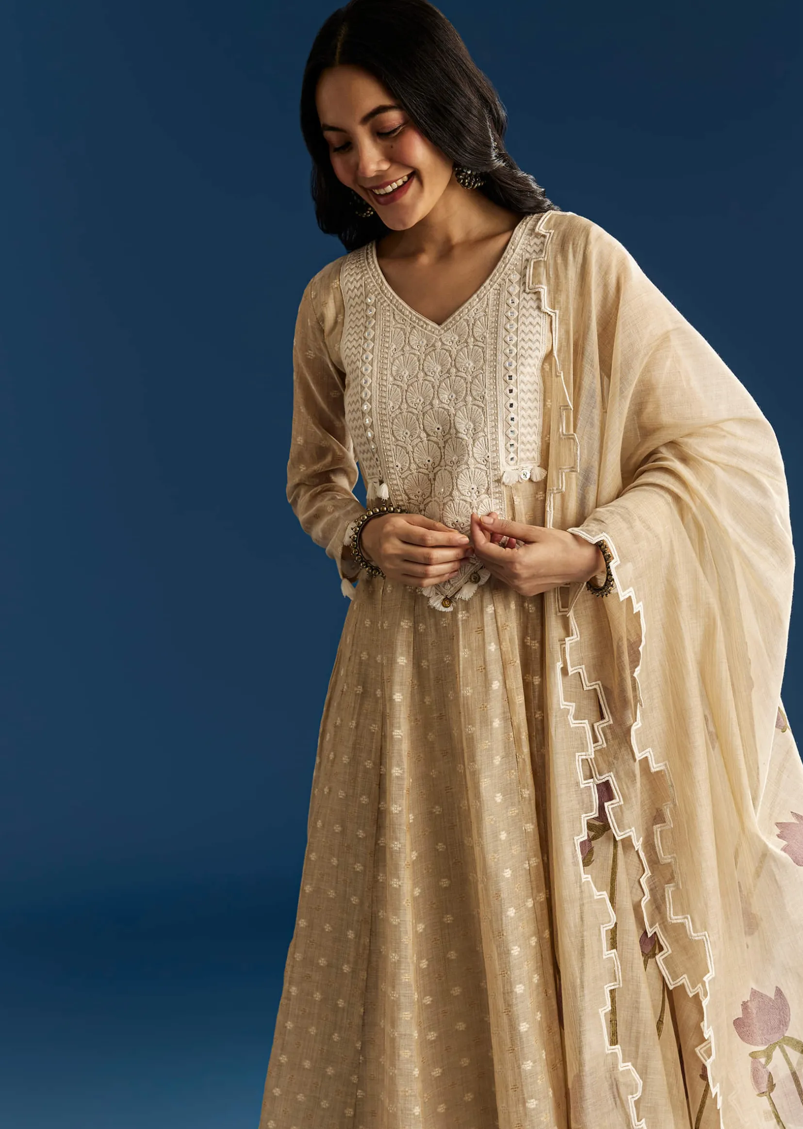Beige Jamdani Anarkali Set With Thread Work Yoke And Floral Dupatta