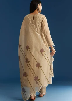 Beige Jamdani Anarkali Set With Thread Work Yoke And Floral Dupatta