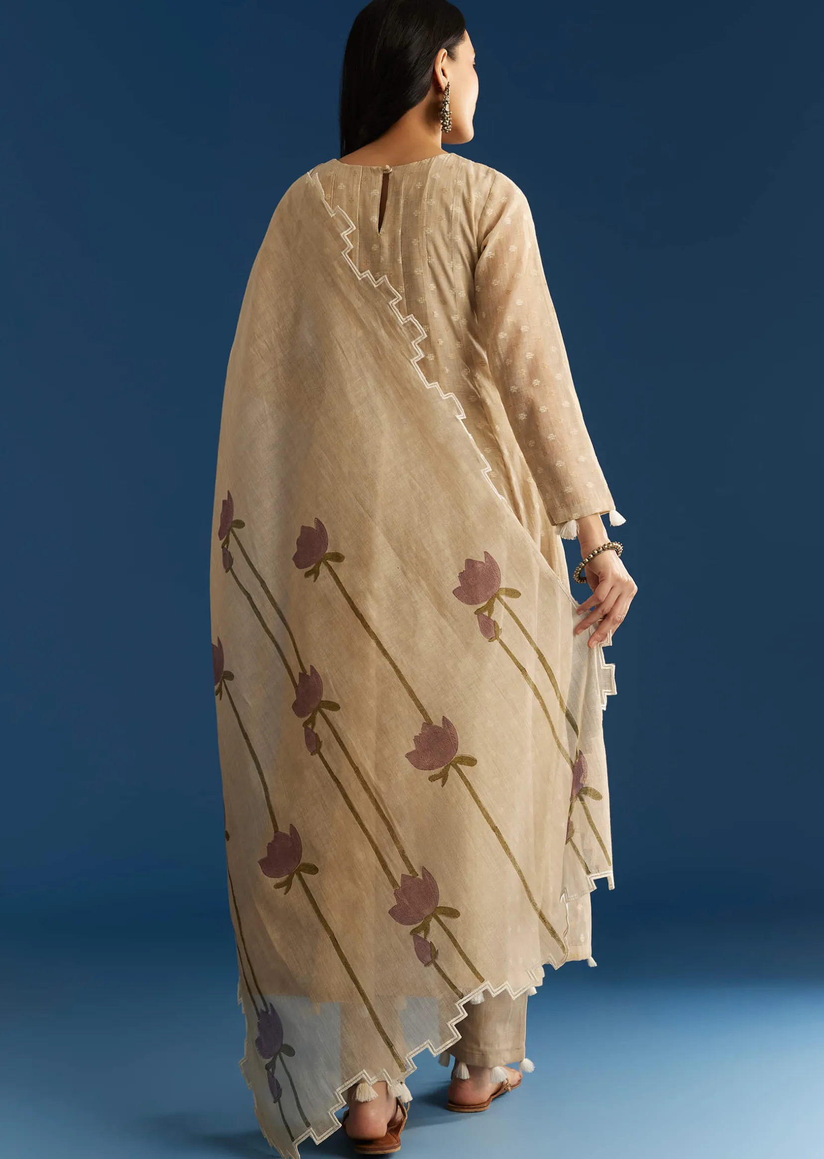 Beige Jamdani Anarkali Set With Thread Work Yoke And Floral Dupatta