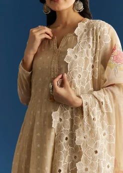 Beige Jamdani Butti Anarkali With Cutwork Dupatta