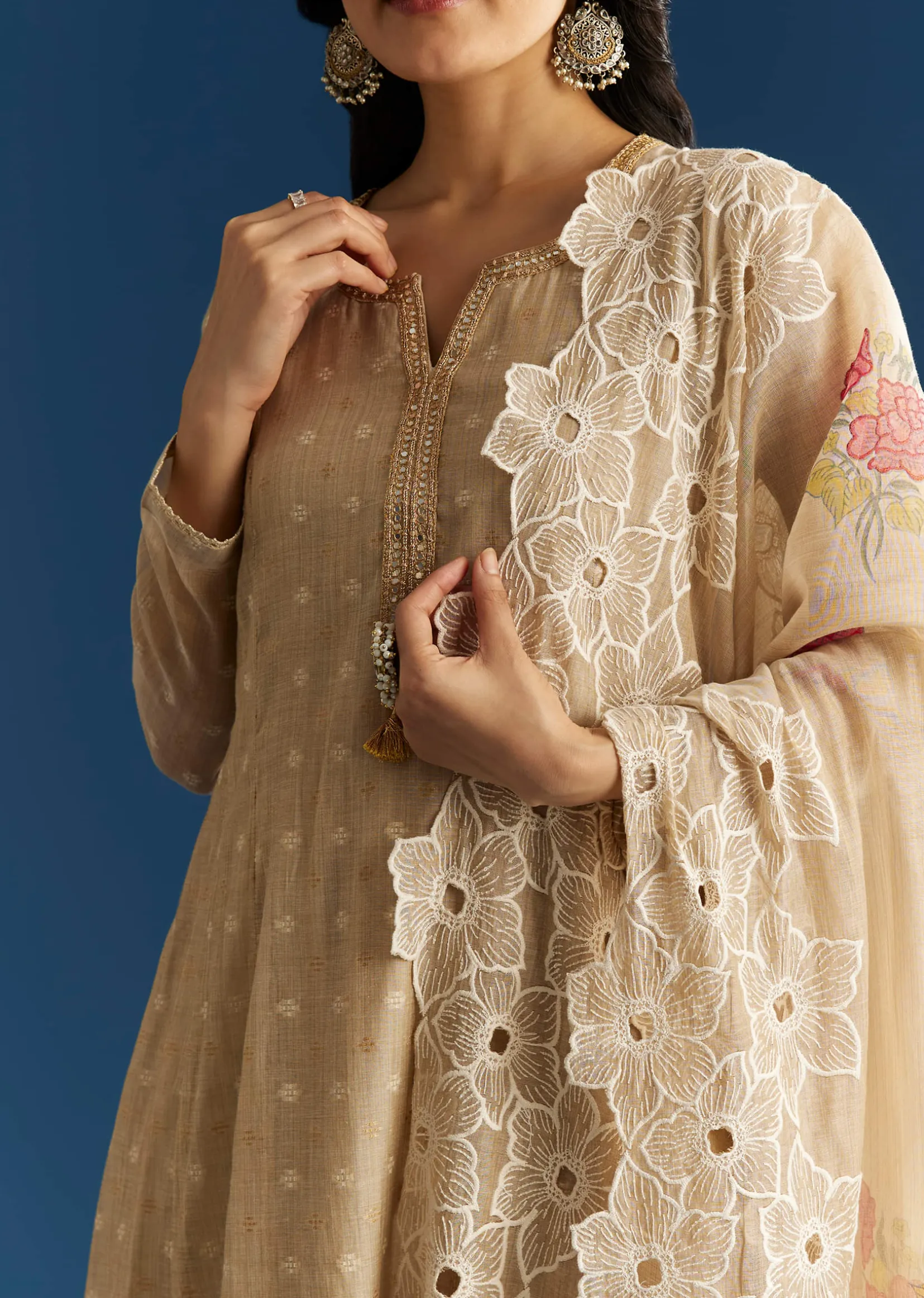Beige Jamdani Butti Anarkali With Cutwork Dupatta