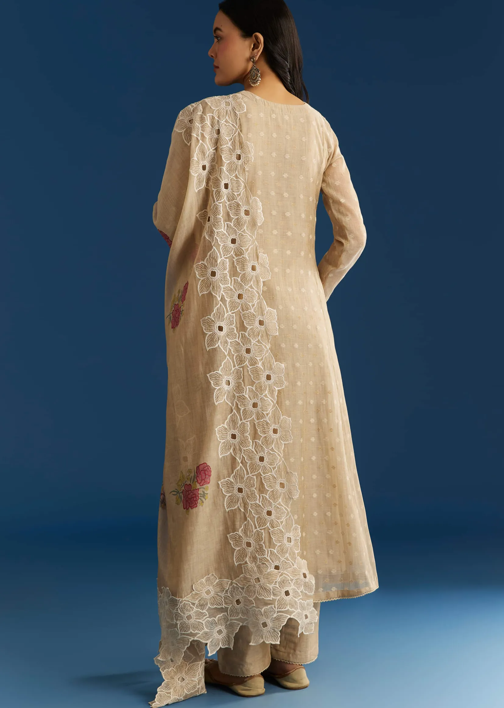 Beige Jamdani Butti Anarkali With Cutwork Dupatta