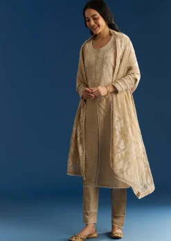 Beige Jamdani Kurta Set With Thread And Sequins Work