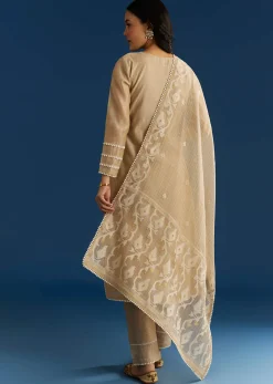 Beige Jamdani Kurta Set With Thread And Sequins Work