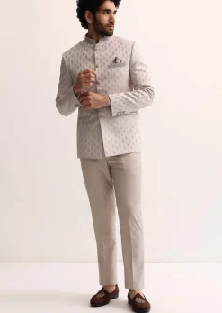 Beige Jodhpuri Suit With Self Work Embroidery For Men