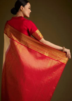 Beige Kanjivaram Silk Saree With Contrast Border