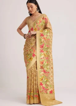 Beige Khaddi Georgette Jaal Work Saree With Animal Bird Motifs
