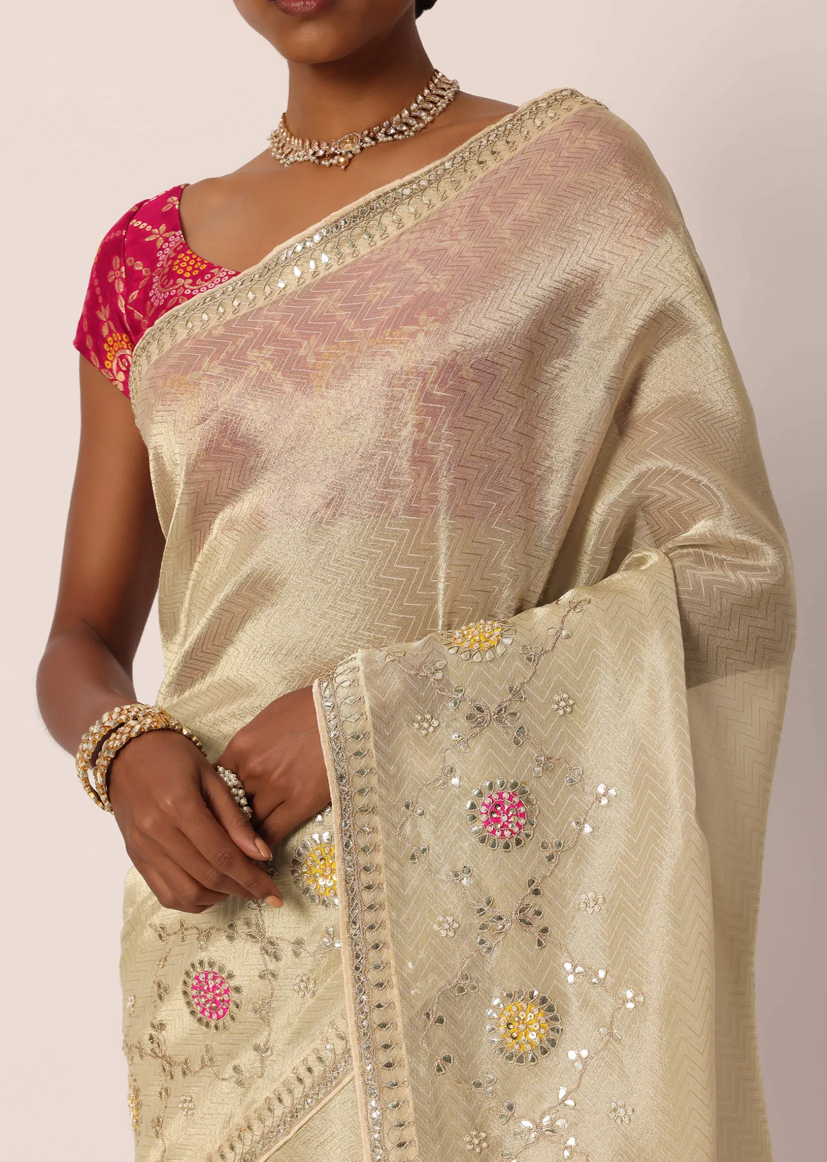 Beige Kora Silk Tissue Saree With Gota Patti Buttis And Unstitched Blouse Piece