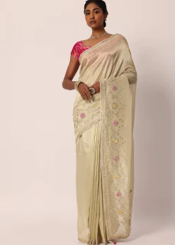 Beige Kora Silk Tissue Saree With Gota Patti Buttis And Unstitched Blouse Piece
