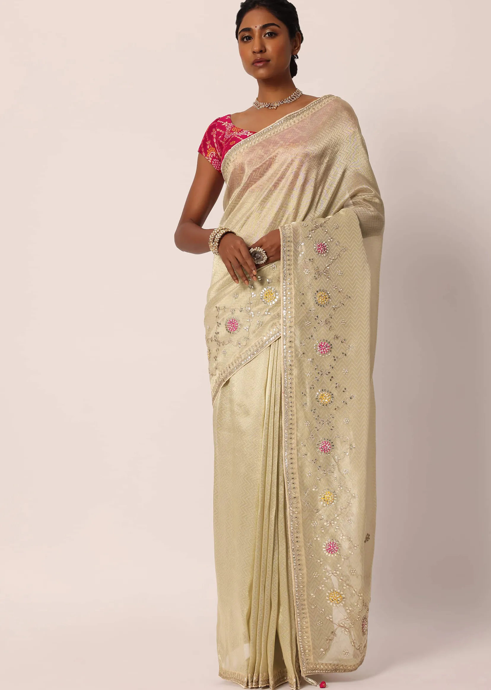 Beige Kora Silk Tissue Saree With Gota Patti Buttis And Unstitched Blouse Piece