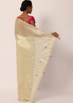 Beige Kora Silk Tissue Saree With Gota Patti Buttis And Unstitched Blouse Piece