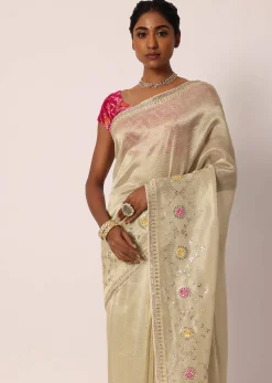 Beige Kora Silk Tissue Saree With Gota Patti Buttis And Unstitched Blouse Piece