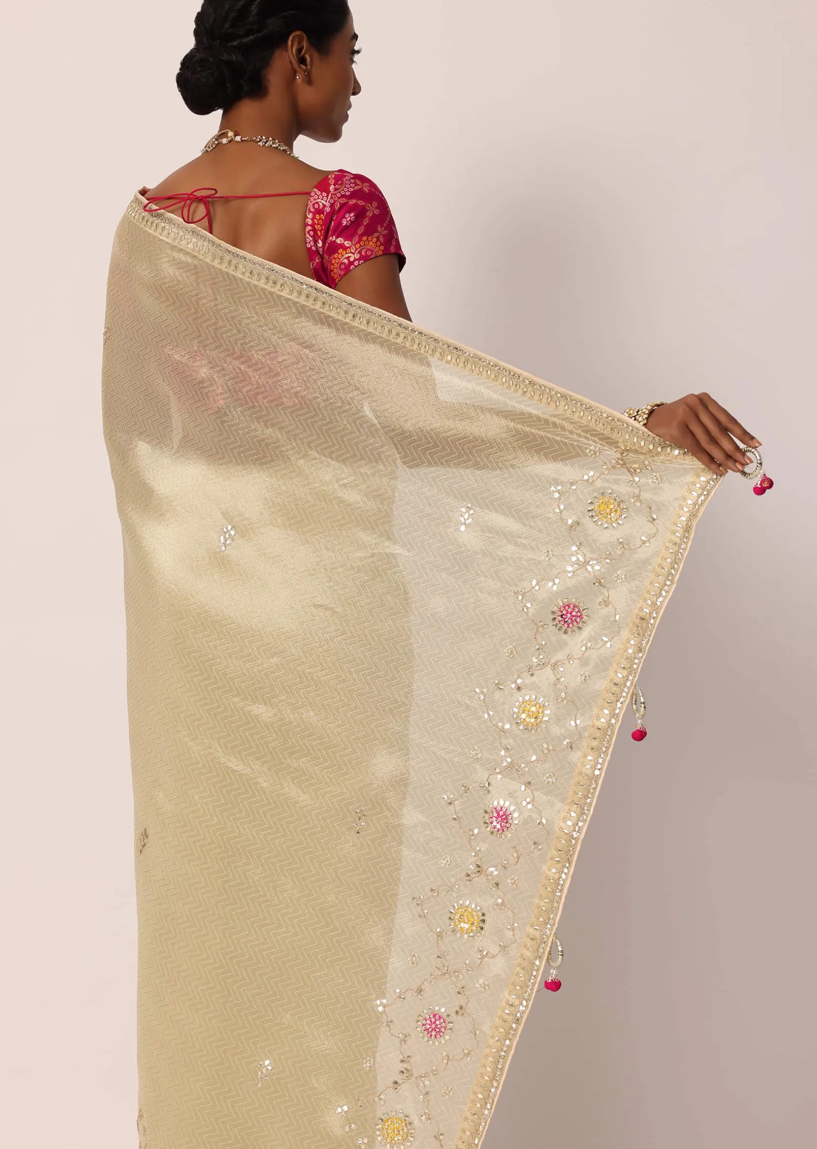 Beige Kora Silk Tissue Saree With Gota Patti Buttis And Unstitched Blouse Piece