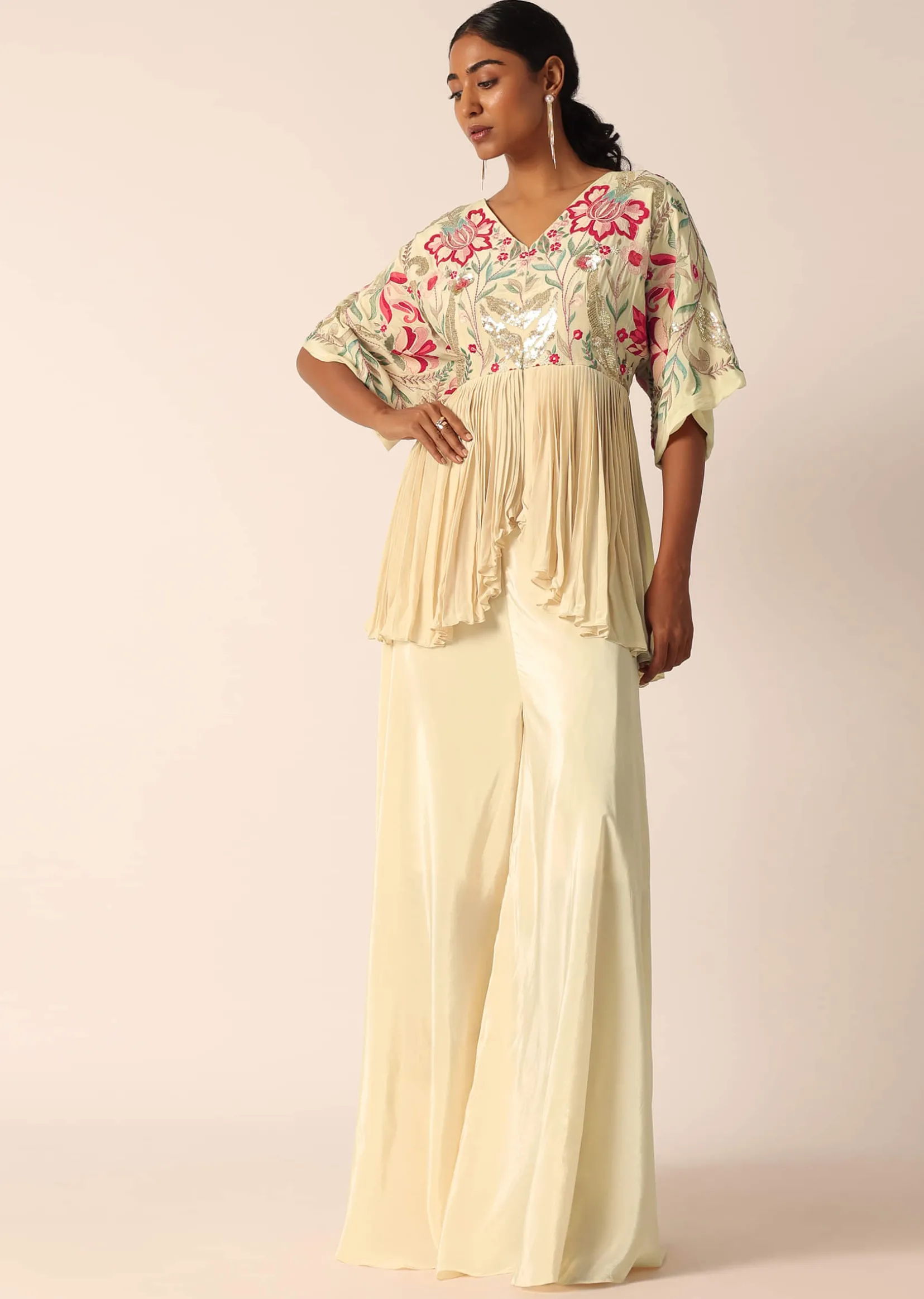 Beige Kurta And Palazzo Set With Bead Work
