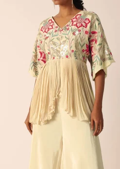 Beige Kurta And Palazzo Set With Bead Work